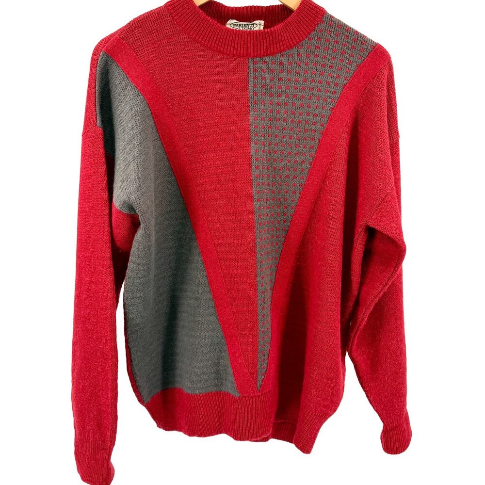 Vintage 80s Parienti L'Uomo Red Gray Geometric Knit Sweater